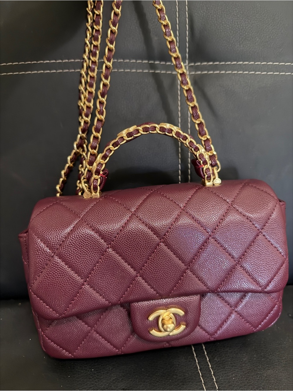 Quilted Burgundy Leather Shoulder Bag with Gold Chain